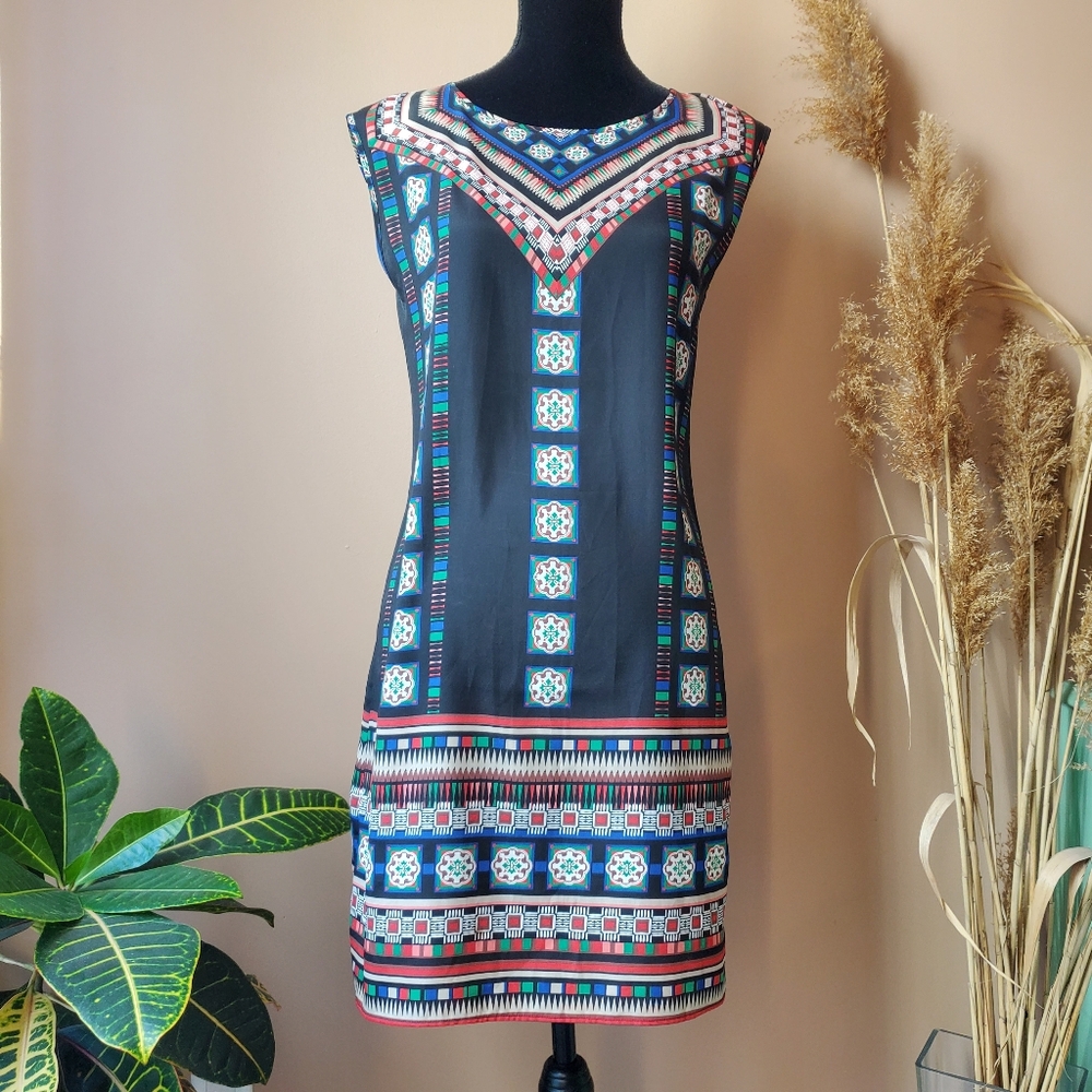 DEX Boho Lightweight Sleeveless Mini Shift Abstract Black Dress Sz XS